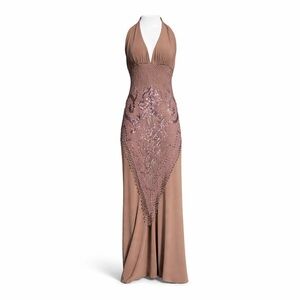 Janine Beaded Halter Jumpsuit Bronze Evening Formal Size L
